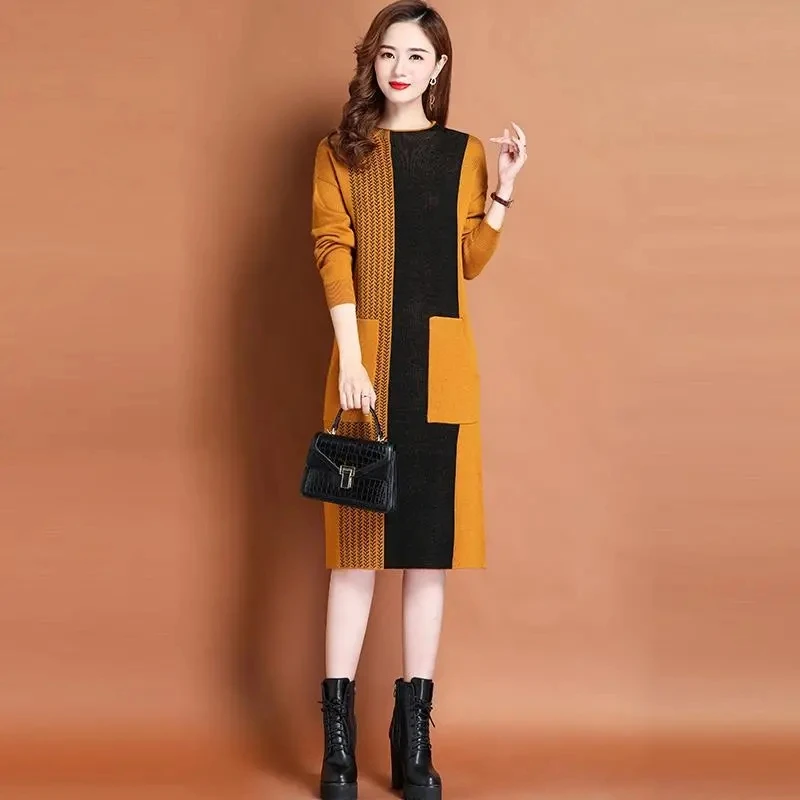 

Midlife Women's High-End Wool Knit Dress Large Size Loose And Slim Jacquard Dknee-Length Dress Party Dress Straight Drum Skirt