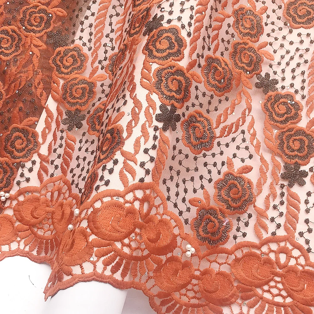 Новейший расшитый бисером оранжевый нигерийский кружевной материал вышитые
