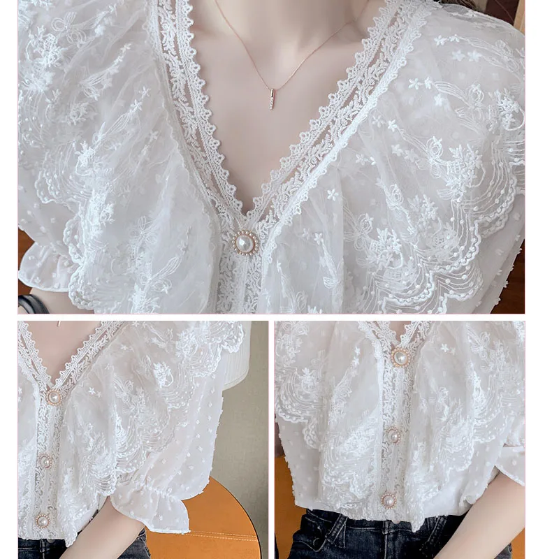 Милая кружевная блузка с V-образным вырезом женская шифоновая рубашка коротким