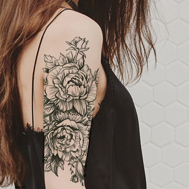 

Women Girl Temporary Tattoo Sticker Black Full Flower Arm Body Art Sticker Fake Tattoo Sticker One-time Tattoo Decal