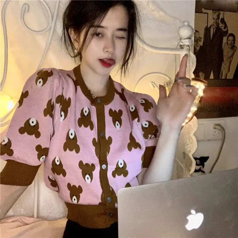

Deeptown Vintage Bear Puff Sleeve Knitted Sweater Summer 2021 Kawaii Anime Graphic Cardigan 90s Soft Girl Short Sleeve Slim Top