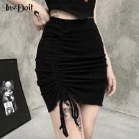 insdoit goth high waist mini skirt women black harajuku drawstring lace up skirts streetwear ruched elegant asymmetric skirts