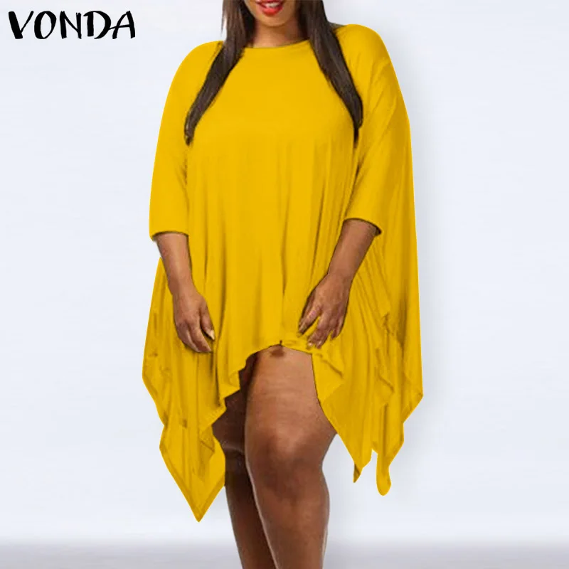 

Women Casual Crew Neck Solid Color Pleated Dress VONDA 2022 Autumn 3/4 Sleeve Asymmetric Hem Baggy Vestidos Loose Sundress Femme