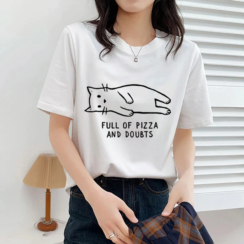 

Женские футболки с рисунком «полная пицца и сомнения», модные повседневные топы в стиле 90-х с мультяшным котом для девушек, ullzang