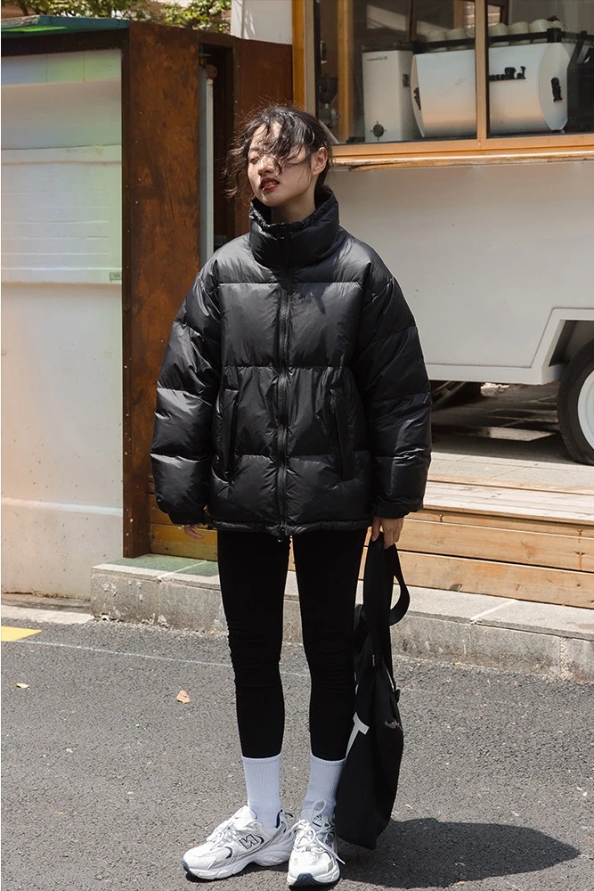 90 White Duck down Jacket Women's Winter New Korean Style Loose Thick Black Stand Collar Bread Coat Cotton Coat Jacket