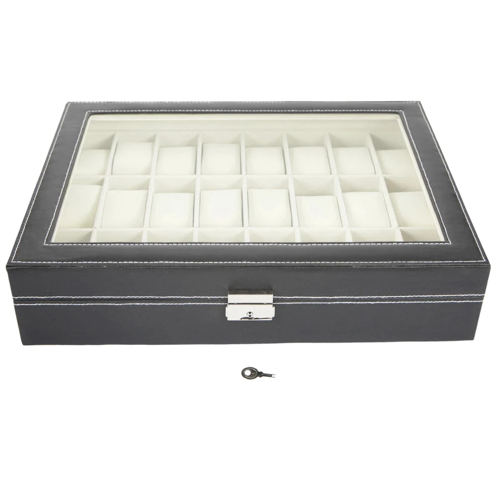 

24 Compartments Top-level Opening Style Leather Watch Collection Box Black