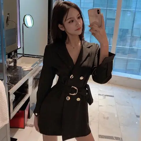 Сексуальный черный двубортный пиджак платье деловая модельная одежда халат