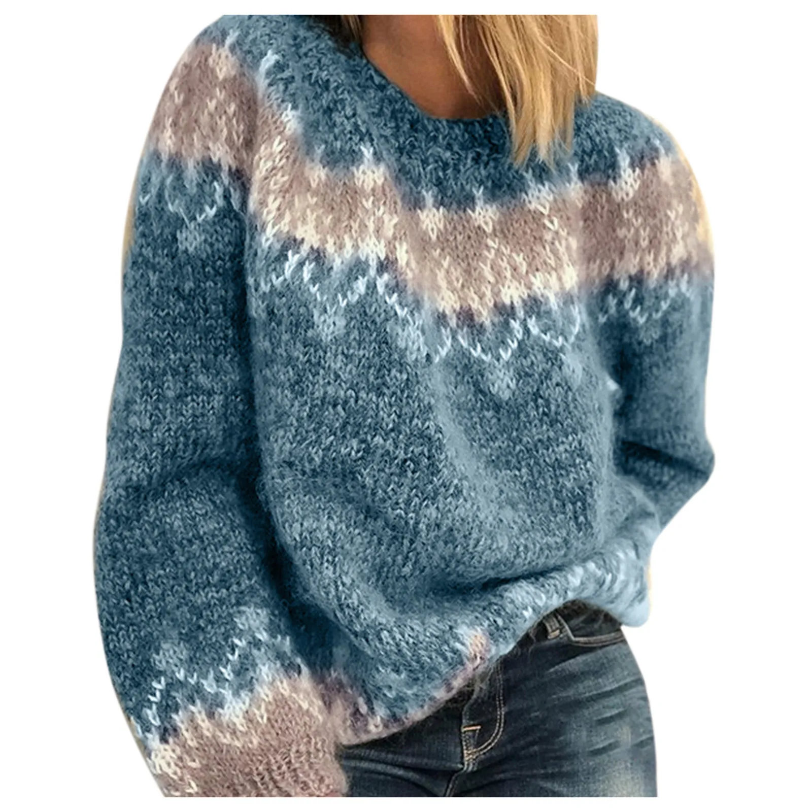 Women Sweater Fashion Ethnic Style Warm O-Neck Long Sleeve Plus Size Stitching Print Knitted Pullover Ropa De Mujer D27# | Женская