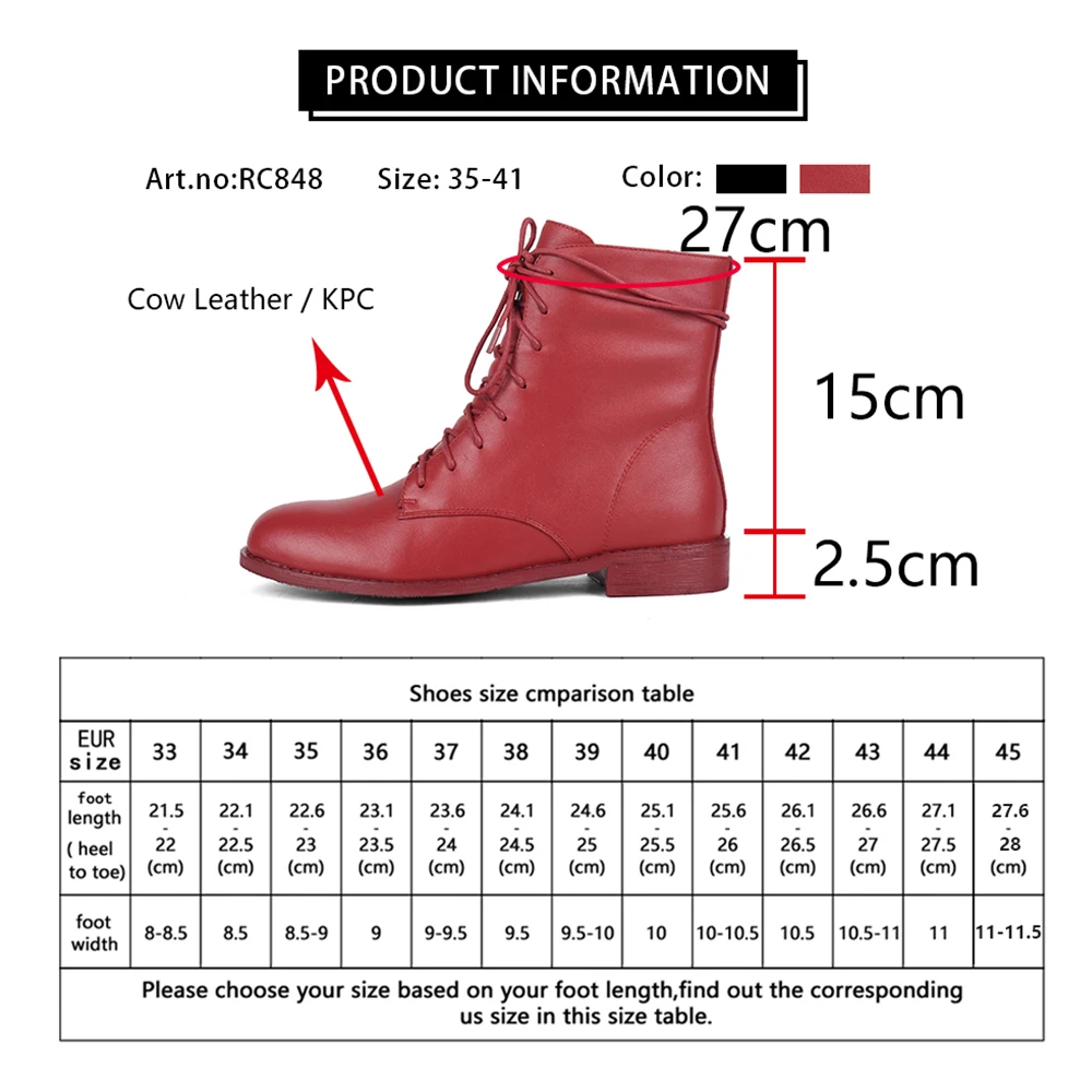 

RJN Winter Warm Martin Ankle Boots Woman Genuine Leather Red Lace Up Zipper Low Heel Round Toe Short Boots Ladies Shoes RC848