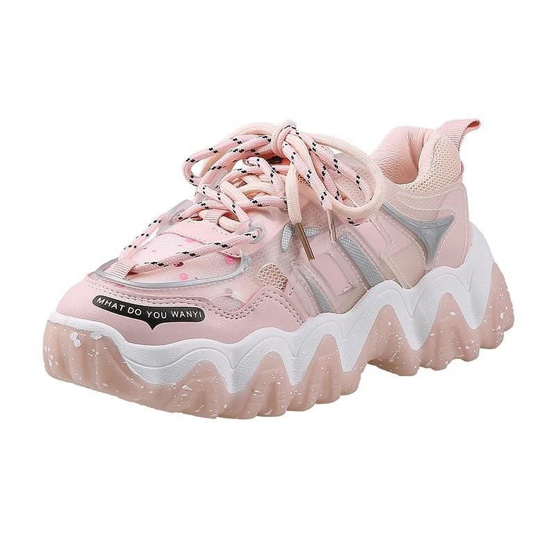 

New Design Ladies Sneakers Mesh Lace-up Mixed Colors Chunky Sneakers Summer 4 Color Pink White Green Orange Sport Shoes
