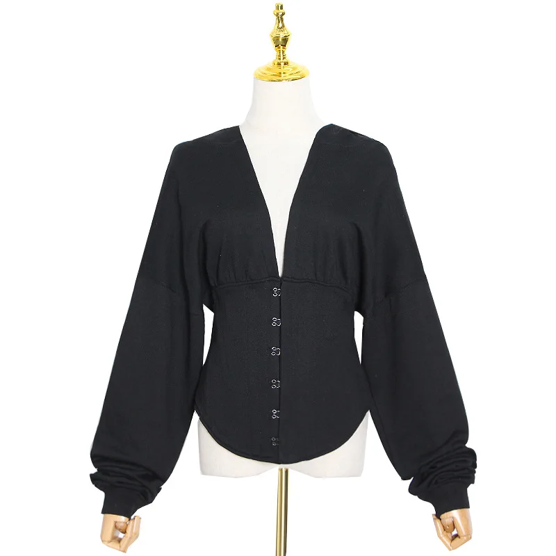 

Fashion Black Hooded Sweater Female 2021 Autumn Trendy Ins Plastic Waist Tight Hook Long Sleeve Hoodie Short Coat