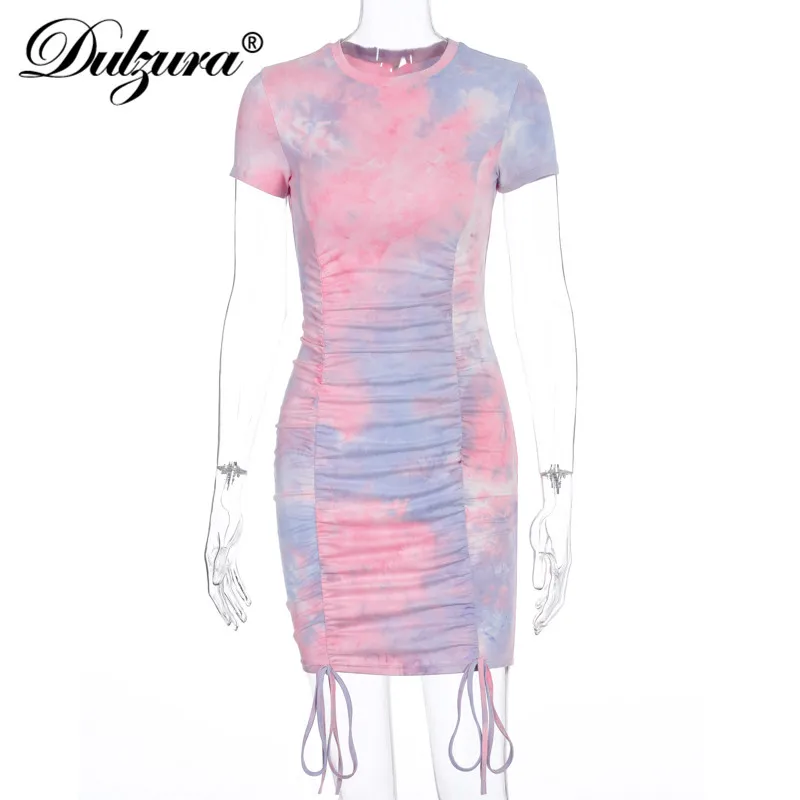 

Dulzura tie dye drawstring ruched women mini tshirt dress bodycon bandage elegant party sexy club 2020 summer clothes streetwear