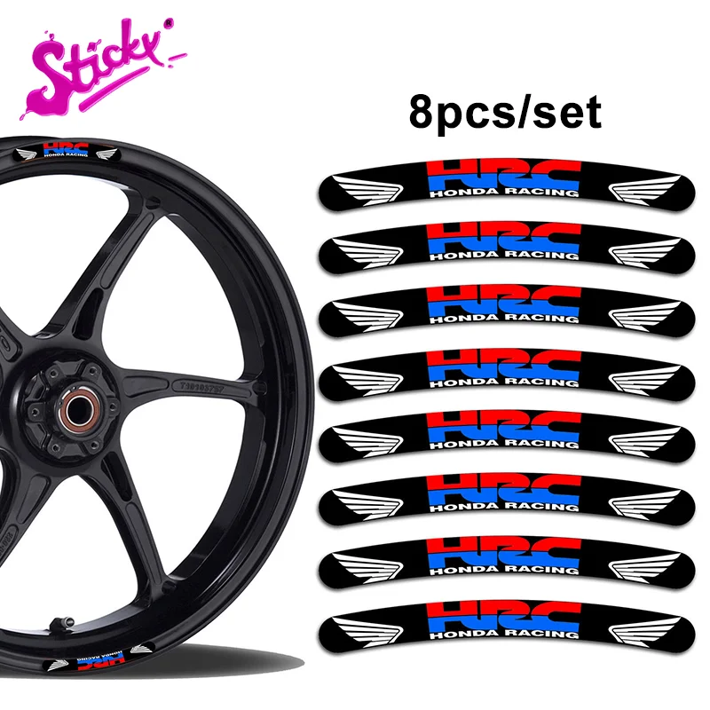 

STICKY 8 Pcs for HRC Hondas Racing Rim Stickers Wheel Stripes Set Car Motorbike Motorcycle Racing Vinyl Decal 13cm X1.3cm