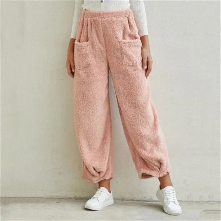 New Women's Pants Solid Color Plush Flannel Trousers Pocket Leisure Warm Home Pants Street Wear Straight Pants