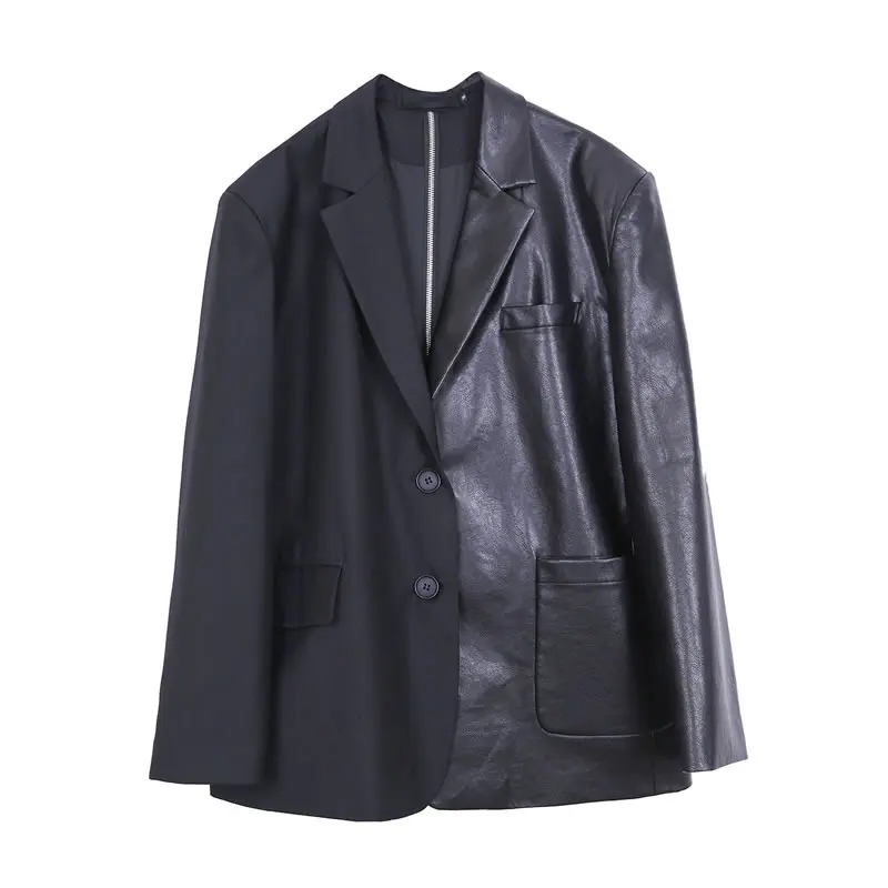 

XITAO Trendy Women Blazer PU Patchwork New Vintage Fashion Loose Back Zipper 2021 Sprint Autumn All-match Top Coat WMD0553