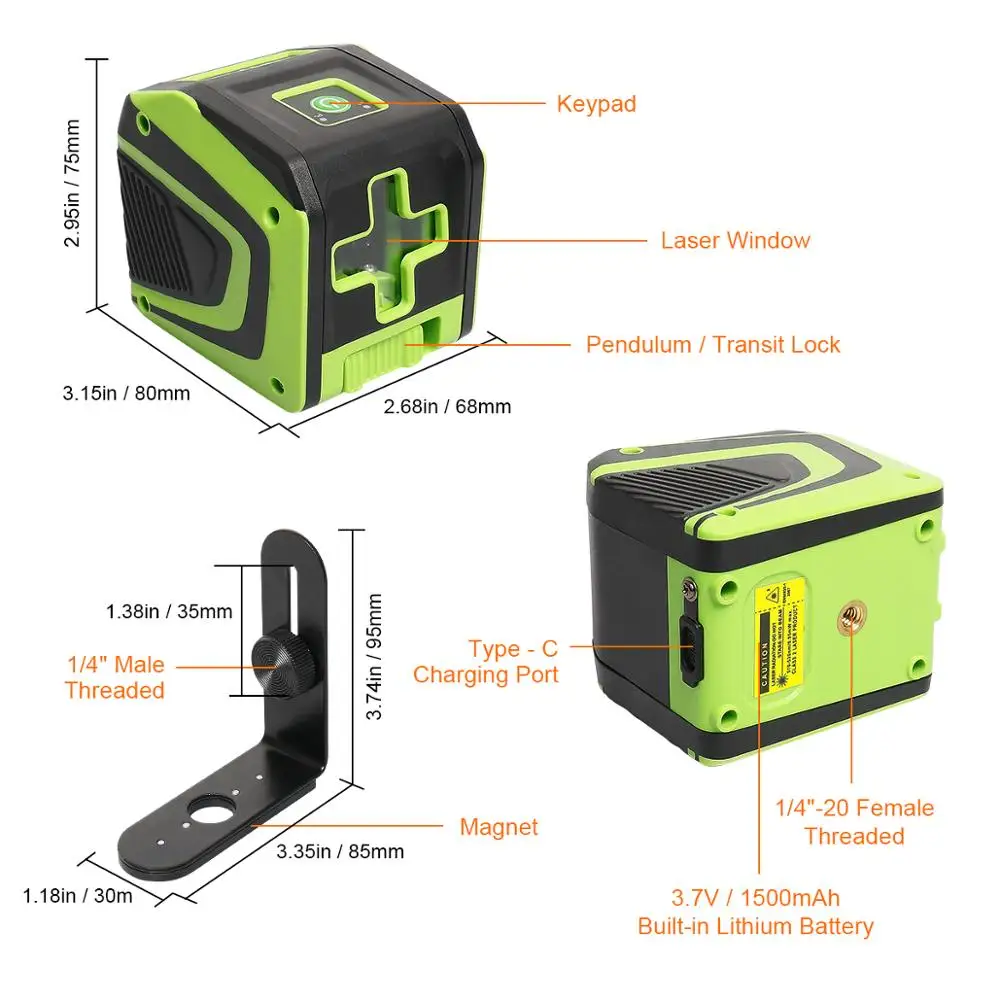 Лазерный уровень Huepar нивелир с перезаряжаемым литий ионным аккумулятором 2 линии