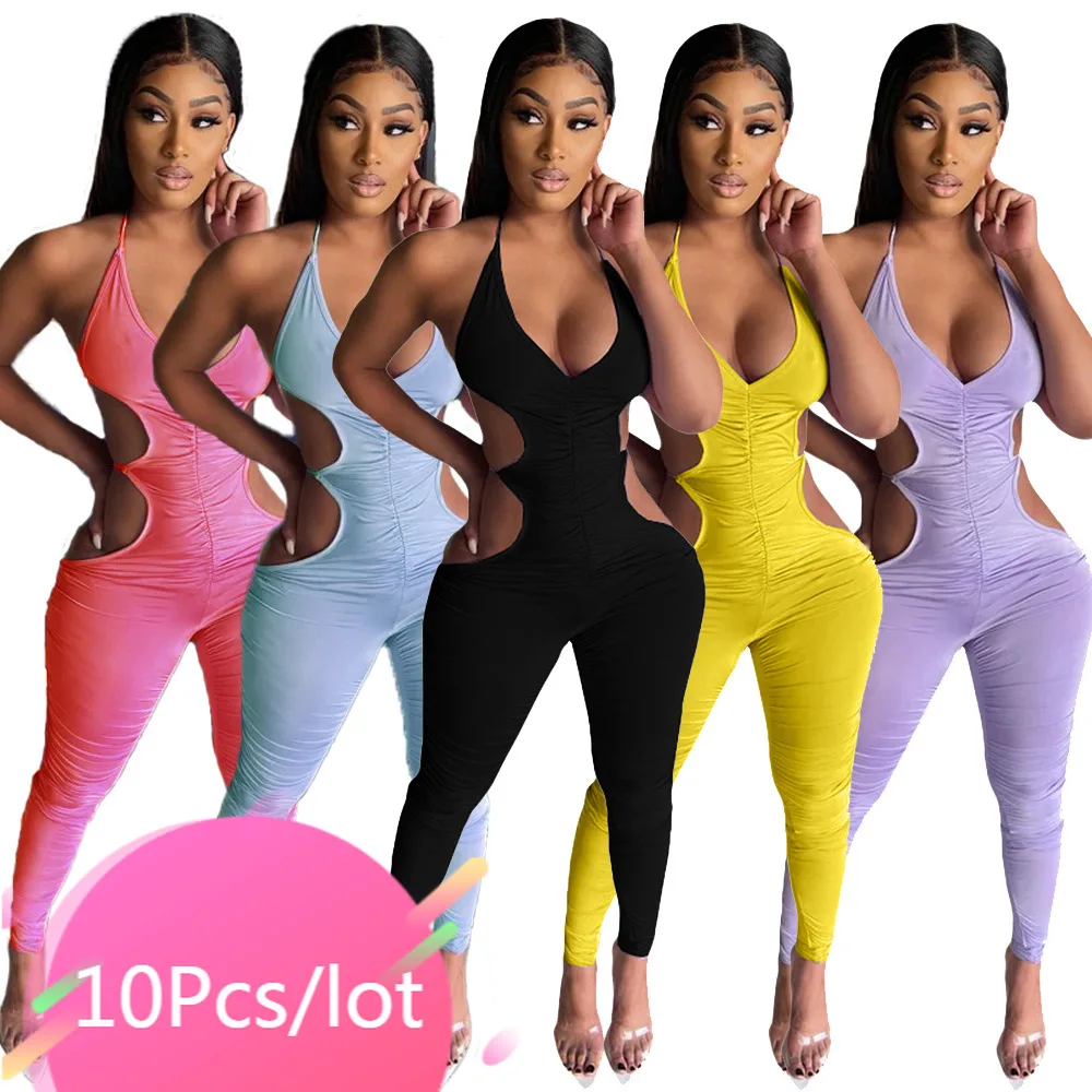 

Bulk Items Wholesale Lots Woman Jumpsuit Bandage Fitness Hollow Out Sleeveless Solid Color Summer Clothes for Women Outfits