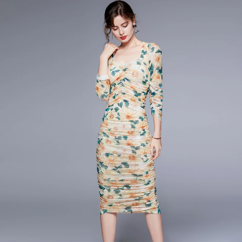 

High Fashion Women Square Collar Floral Draped Bodycon Sheath Mesh Party Dress Runway Designer Summer Clothes Female Vestidos