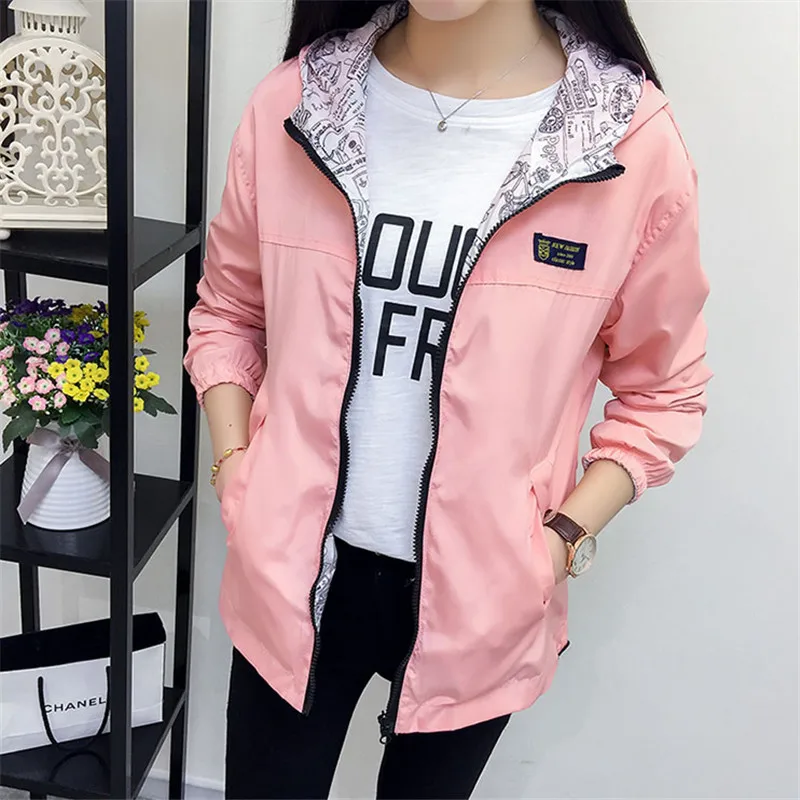 Student Jacket Women 2021 Spring Summer New Fashion Preppy Letter Print Double Face Can Wear Short Loose Thin Hooded Coats N827 | Женская