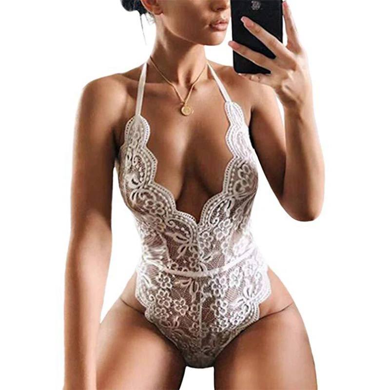 Комбинезон женский кружевной с глубоким V-образным вырезом открытое нижнее белье