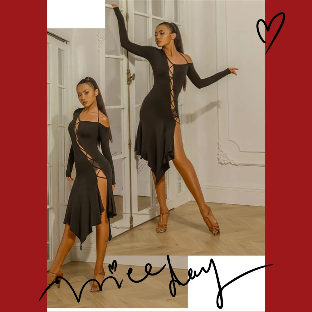 Платье для латинских танцев сексуальное платье с длинным рукавом Открытое