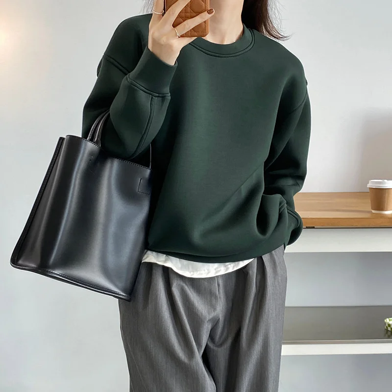 

Свитшот женский оверсайз из шелковистого хлопка, осень 2021, однотонный топ в Корейском стиле для ленивых, свободный синий зеленый бежевый то...