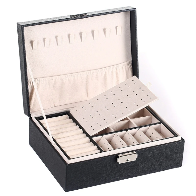 

Protable Travel PU Double Layers Jewelry Box Display Organizer Earrings Rings Necklaces Storage Holder