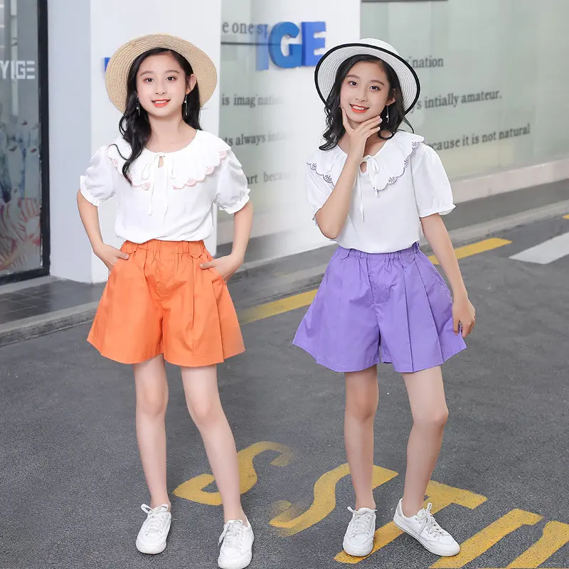 Summer Toddler Kids Baby Girls Short Sleeve Solid Color Bow Shirt Top+Purple Shorts Outfits Fashion Teens Clothes Tracksuit 2PCS | Детская