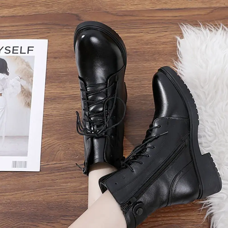 Женские сапоги из воловьей кожи теплые плюшевые первого слоя на среднем толстом