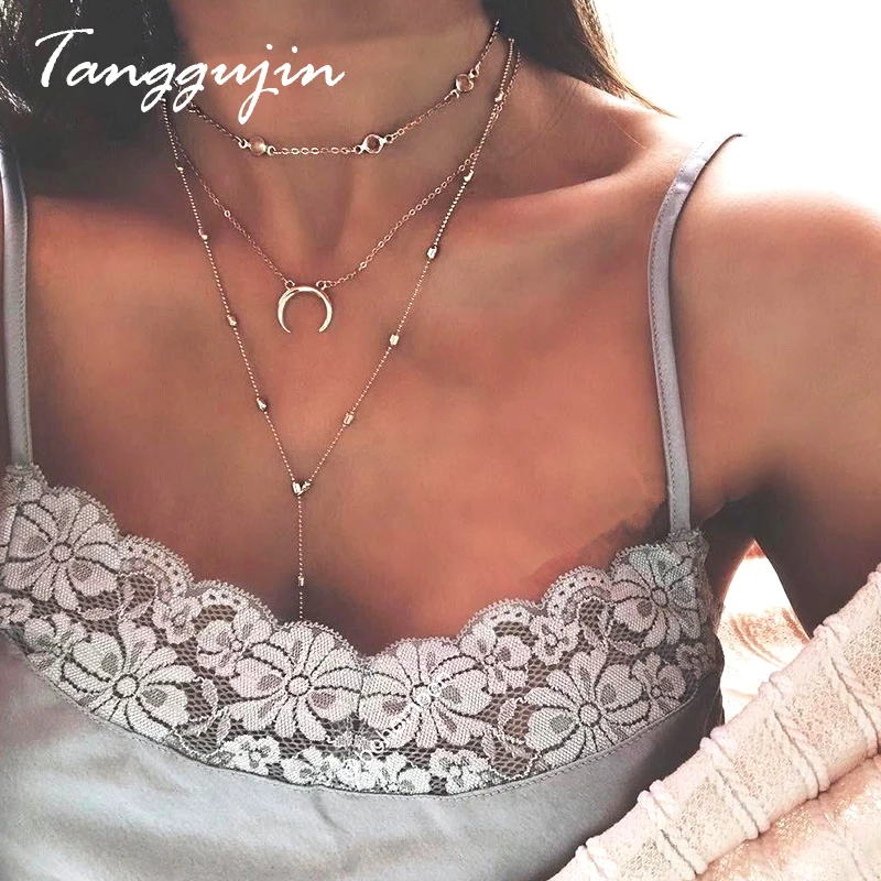 Tanggujin Женская мода Ретро луна кулон многослойное серебряное золото Ожерелье