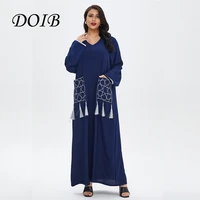 doib women navy blue abaya long robe dubai muslim arabic dress turkey islam ramadan eid tassel robe longue musulman kafan dress