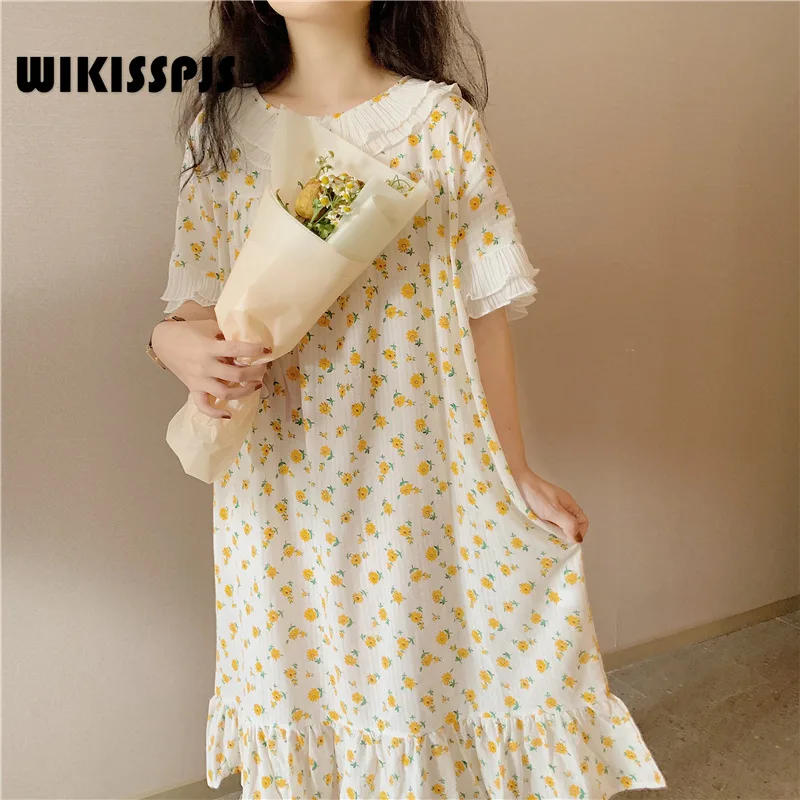 

WIKISSPJS 2022 Korean Summer New Japanese Hemp Cotton Nightdress Lovely Girl Broken Flower Lotus Leaf Home Skirt Nightgown