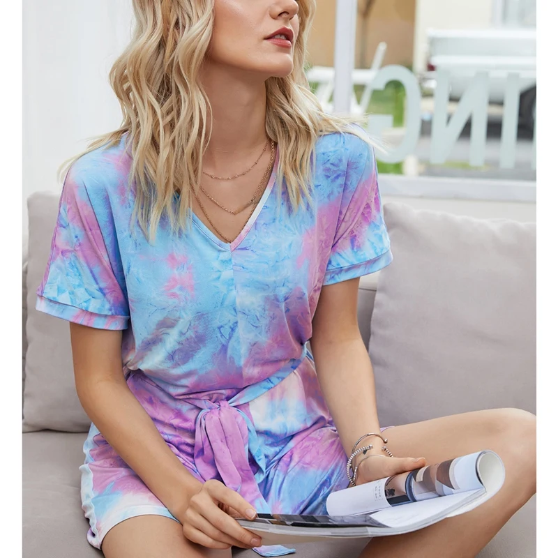 

Womens Summer Jumpsuit Short Tie-Dye Printed Short Sleeve Playsuits Loungewear One Piece Loose Overalls