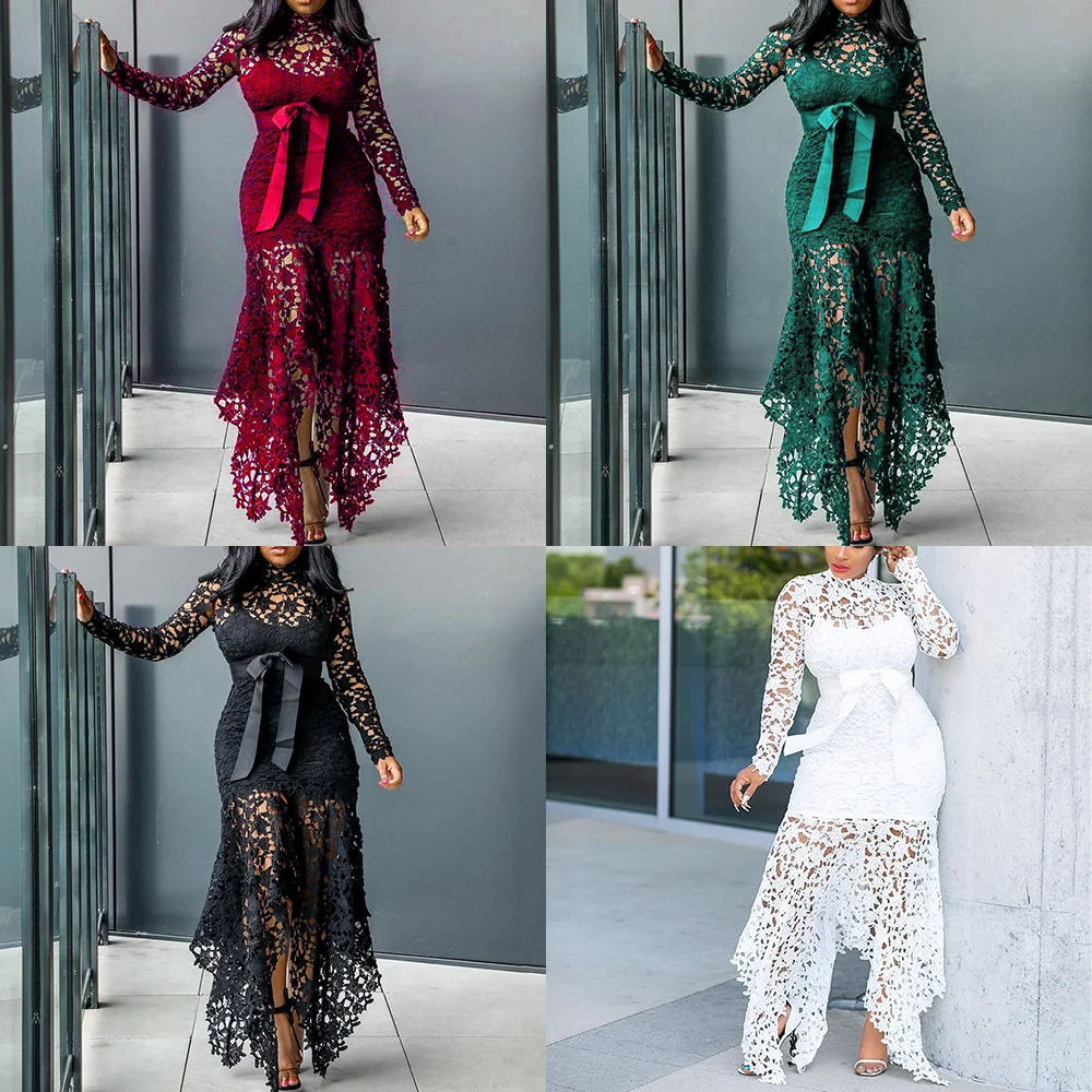 Vintage Party Sexy Black Lace Long Dress Plus Big Size Large M-XXXL 4XL Women Mesh Hollow Bodycon Blue African Maxi Ladies | Женская