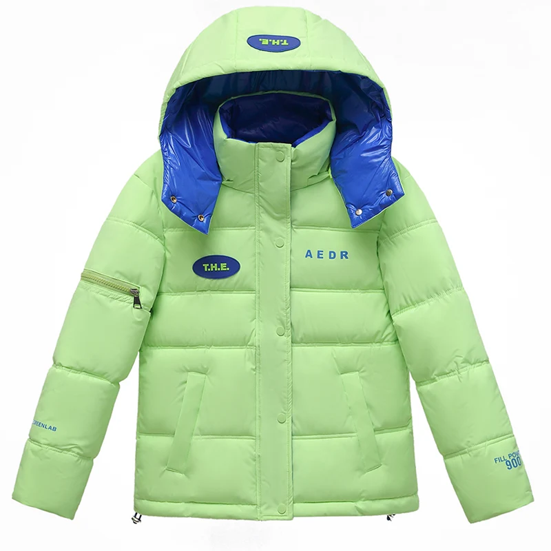 

2021 New Letter Print Short Hooded Gloosy Parka Fashion Winter Jacket Women Color Contrast Stand Collar Parka Coat