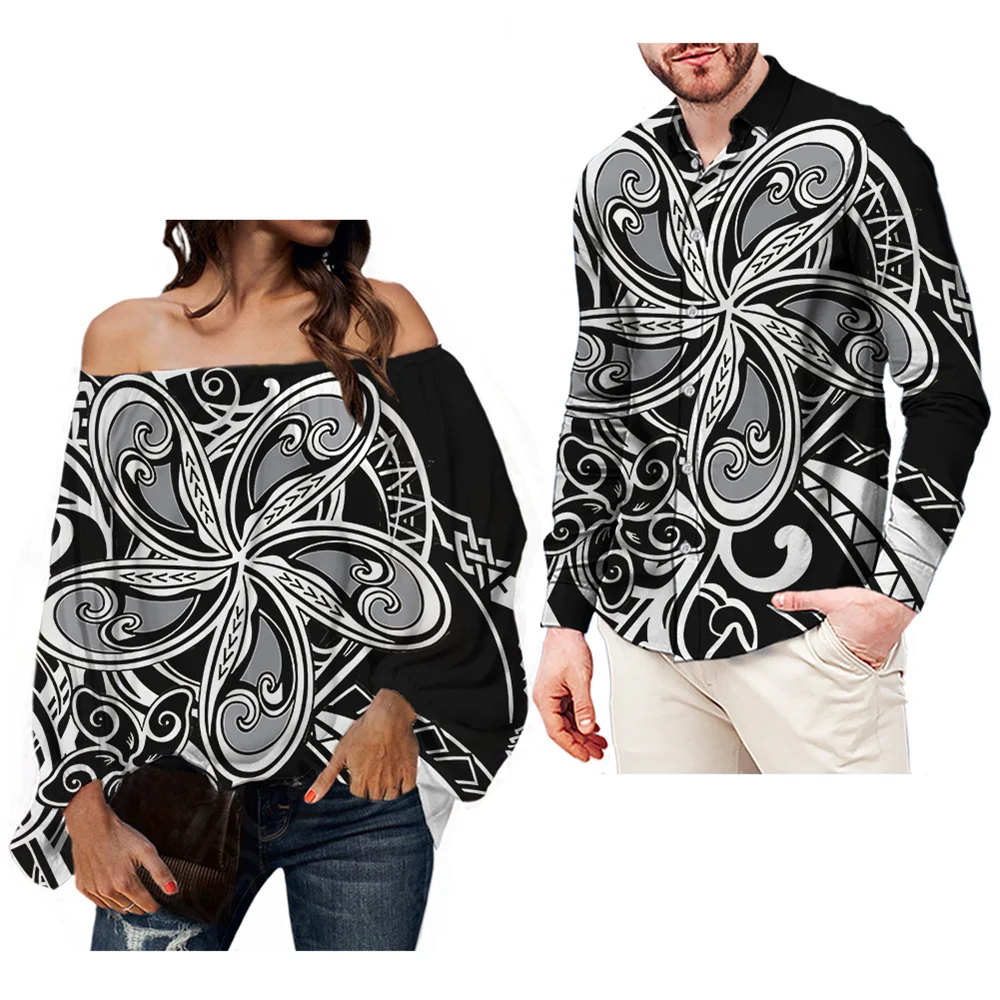 

Polynesian Hawaiian Hibiscus Black Couples Outfits Sexy Off Shoulder Women Chiffon Blouse Matching Men Long Sleeve Shirts Tops