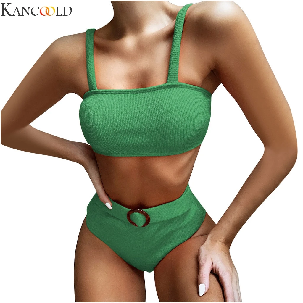 Женский волнистый текстурированный бикини с высокой талией однотонный пляжный