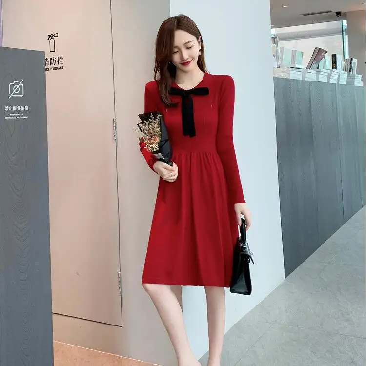 Красное платье для беременных сезон осень-зима трикотажное кормящих женщин с