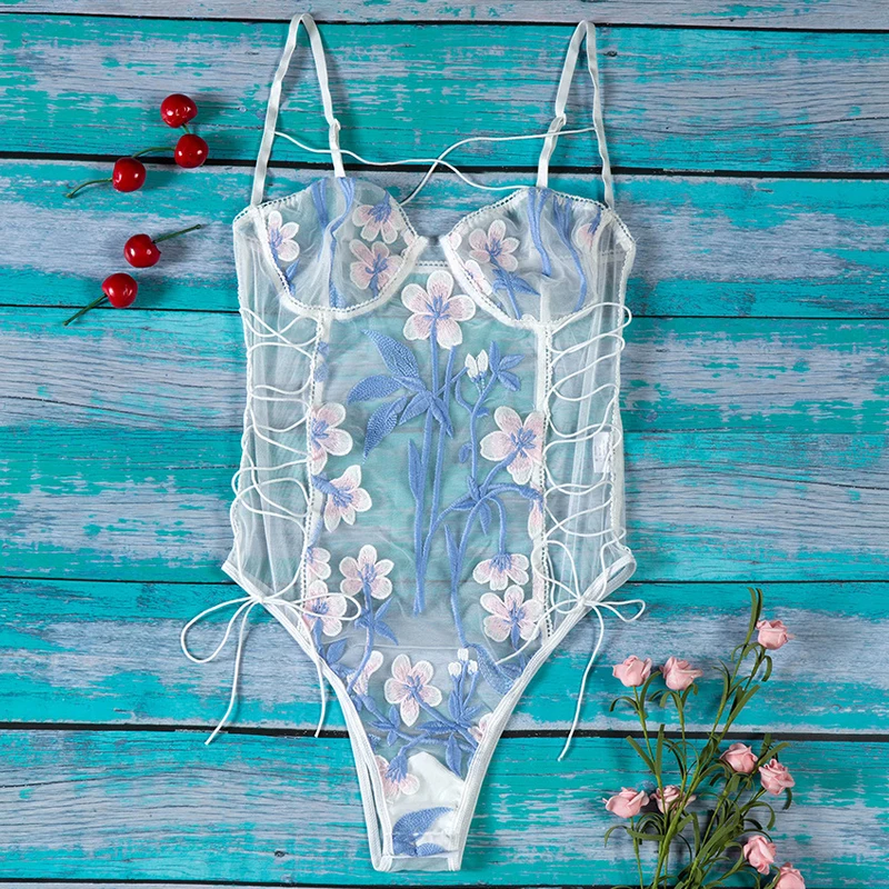 Женское боди с цветочной вышивкой ArtSu сексуальное прозрачное открытой спиной