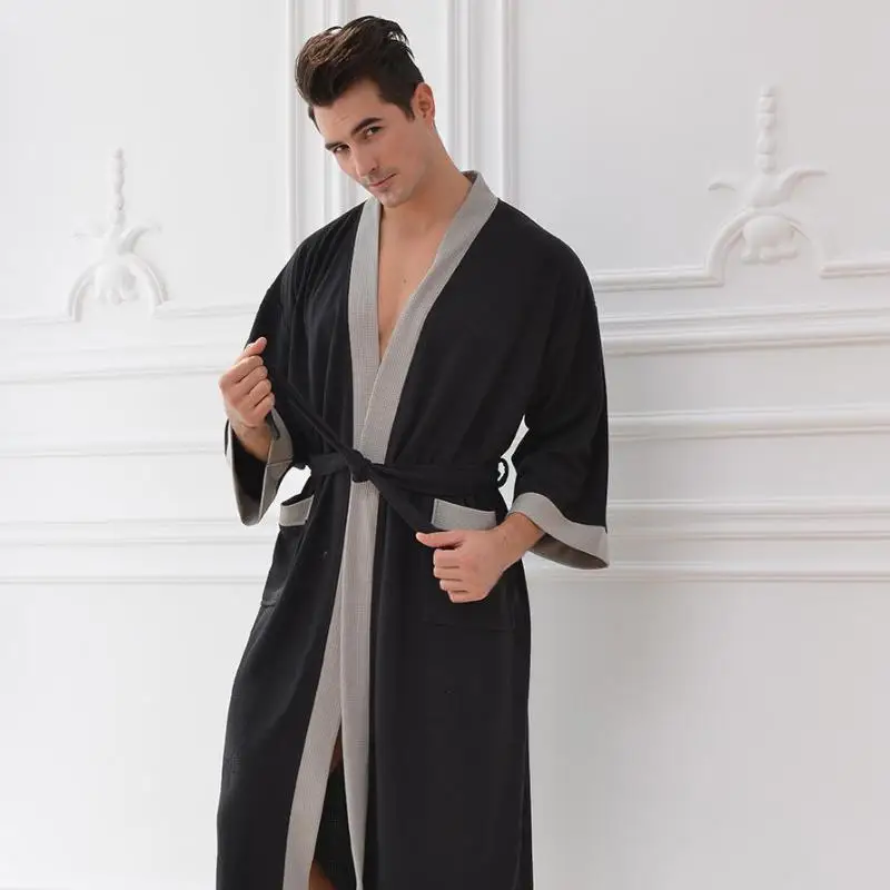 

Male Pure Cotton Waffle Nightgown Bathrobe Sauna Spring Night Gown Robes 2XL Sleepwear Kimono Robe Sweat Dressing Gown Men