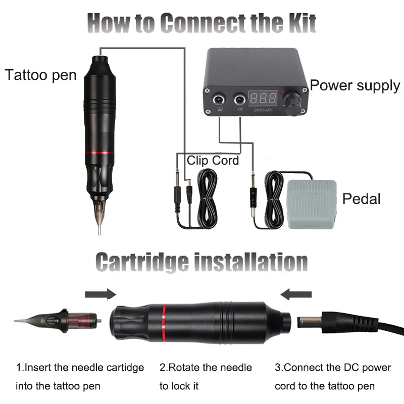 Tattoo Machine Kit Rotary Pen With Cartridge Needles Tattoo Kits Permanent Makeup Machine Power Supply Body Art Tattoo Supplies