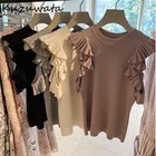 Японские милые рубашки Kuzuwata, вязаные Однотонные блузки с открытыми плечами и складками, темпераментные женские топы на весну и осень 2022