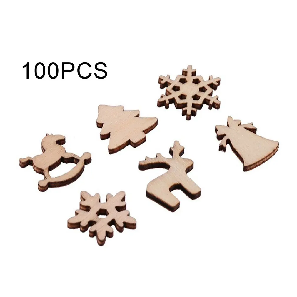 

100 Pieces Santa Ornament DIY Christmas Decoration Cartoon Snowflake Wood Chip Pendants Ornaments Hanging Gifts