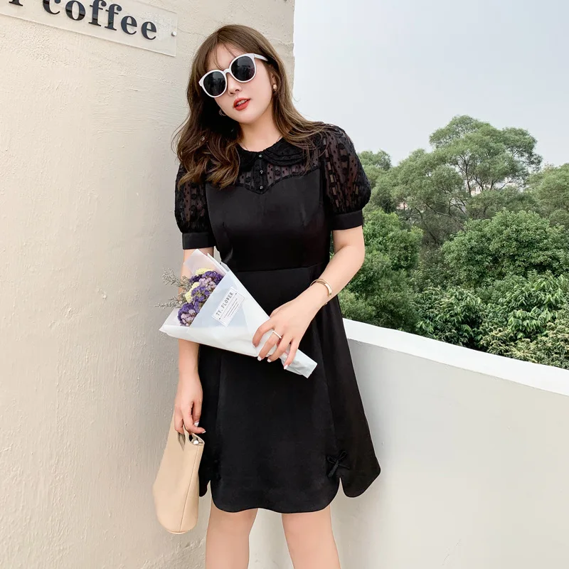 

Женское летнее однотонное платье с кружевным воротником и пышными рукавами для путешествий, повседневная одежда до колена размера плюс, 100 ...