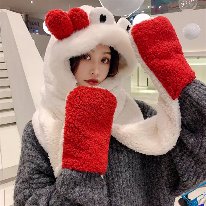 

Ladies Autumn and Winter Hats Plush Scarf Gloves Hooded One Cute Wild Warm Tide Strawberry Crab Cartoon Hat Christmas Gifts