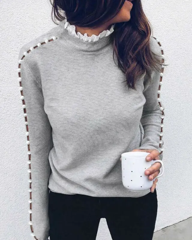 Women High Collar Lace Frill Long Sleeve Casual Tops Fashion Hollow Out Pearl Top Slim Fit Tees Ladies Autumn Warm Tee New | Женская
