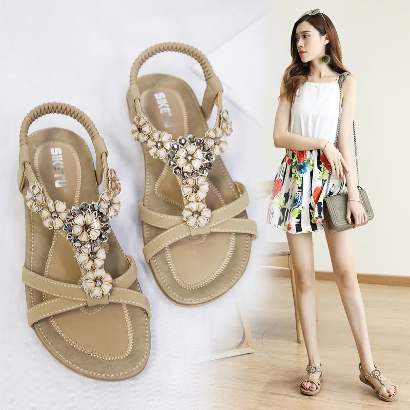 

Clear Heels 2021 Sandals Ladies Shoes Summer Large Size Suit Female Beige New Rhinestone Flat Comfort Bohemian Fashion Big Black