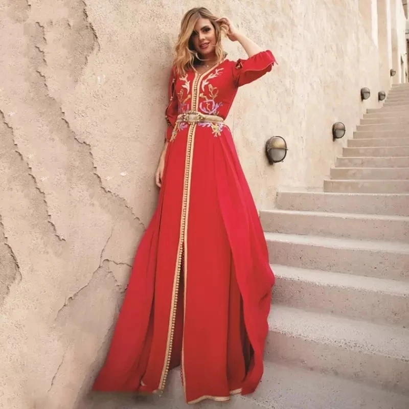 

Красный марокканский кафтан, искусственное вечернее платье, трапециевидная Женская Аппликация, Дубай, Арабская, Турция, Abaya, исламское плат...
