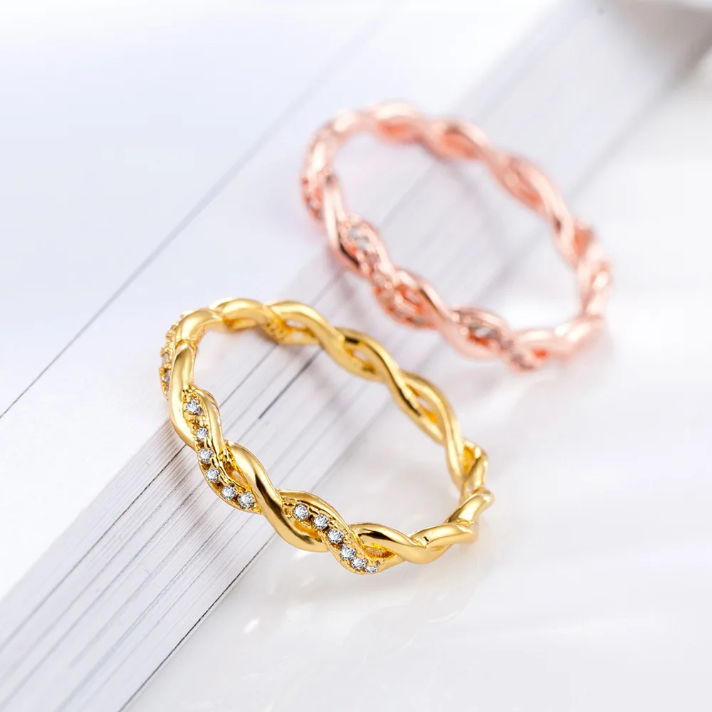 AMORUI Ladies Simple Cross Twisted Zircon Wave Engagement Ring Rose Gold/Gold Thin Finger Crystal Wedding Rings for Women Gift | Украшения