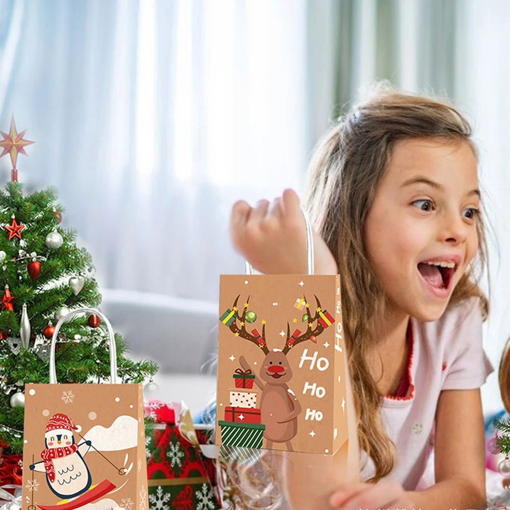 

12 шт., рождественские подарочные пакеты из крафт-бумаги с ручкой